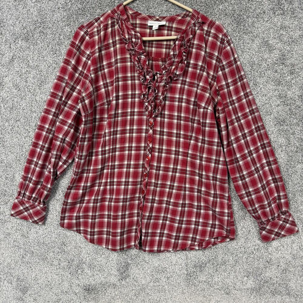 VTG 90s Y2K Fashion Bug Blouse Womens L Red Plaid Ruffle V-Neck Boho Cabincore